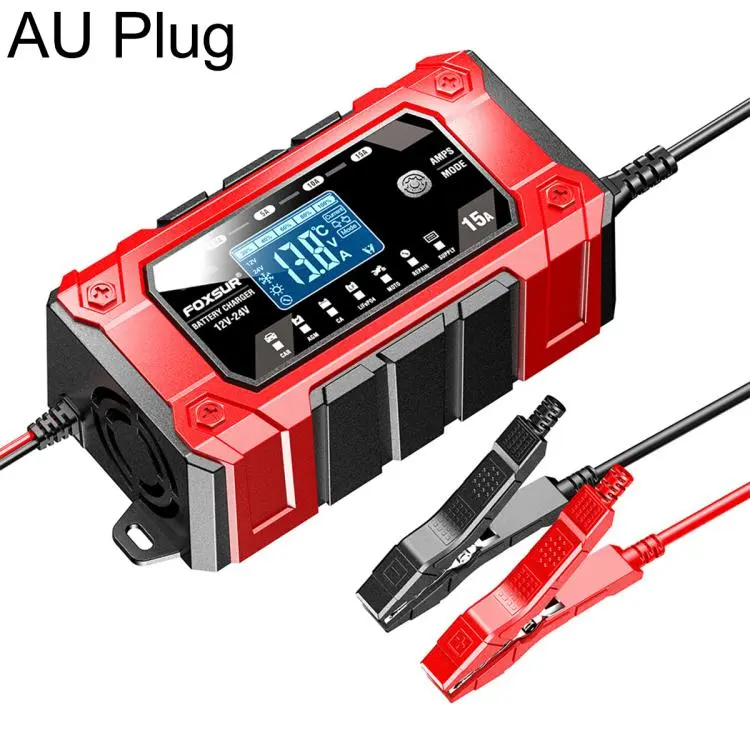 FOXSUR 12V/24V 1.5-15A Multifunctional LCD Digital Display Adjustable Current Battery Charger, Plug Type