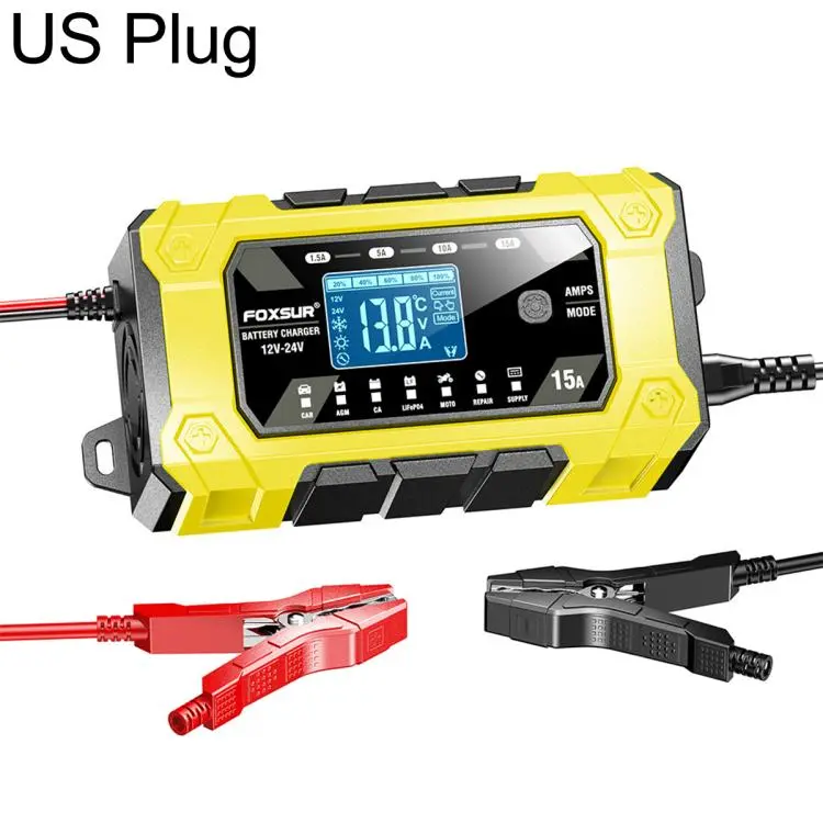 FOXSUR 12V/24V 1.5-15A Multifunctional LCD Digital Display Adjustable Current Battery Charger, Plug Type