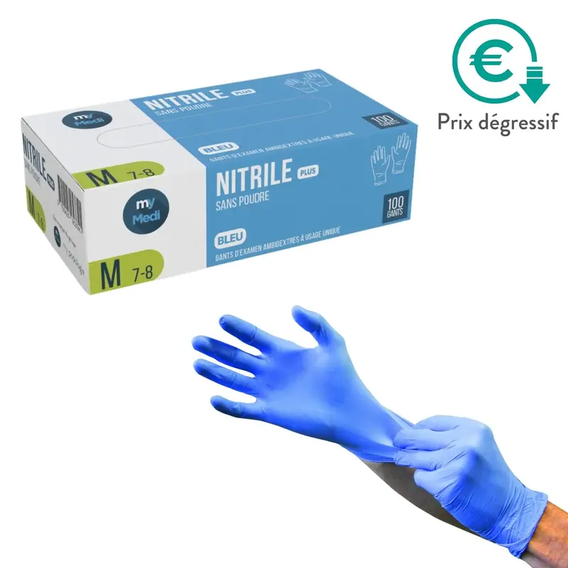 Gants d'examen - Nitrile - Sans poudre - Ambidextres - Boîte de 100 - My Médical