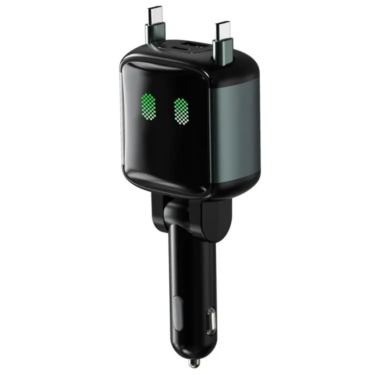 GE15 65W PD 4-Port Car Charger with Dual Retractable Type-C Cable & LED Ambient Light