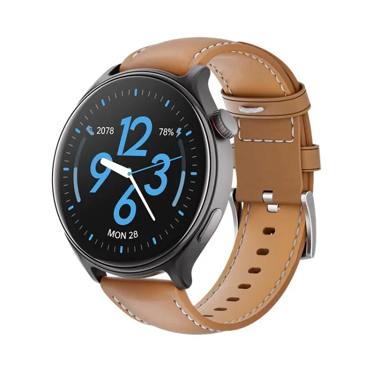GR2 1.46 inch Ultra-HD Screen BT Calling Smart Watch, Support Health Monitoring(Black+Brown PU Leather Strap)