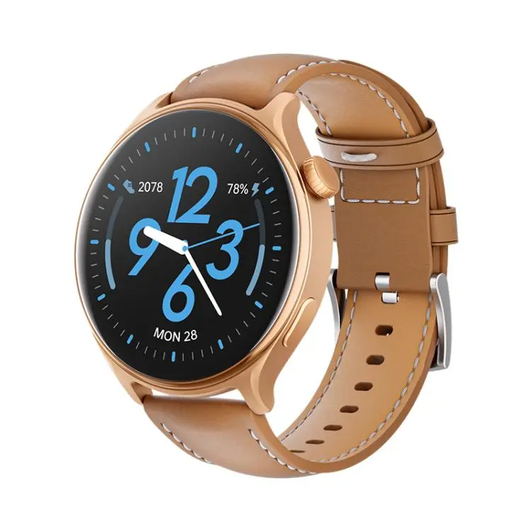 GR2 1.46 inch Ultra-HD Screen BT Calling Smart Watch, Support Health Monitoring(Gold+Brown PU Leather Strap)