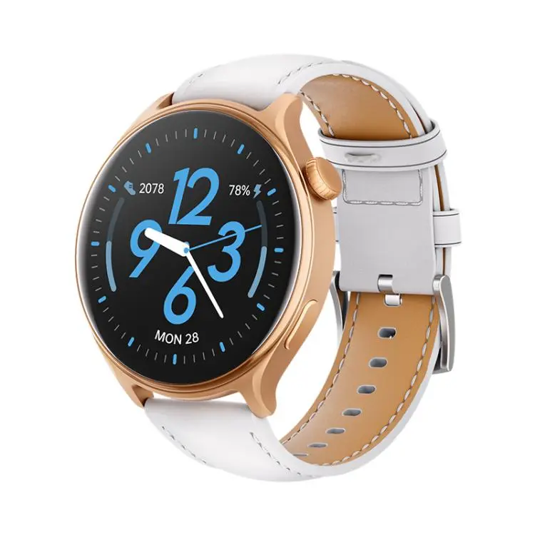 GR2 1.46 inch Ultra-HD Screen BT Calling Smart Watch, Support Health Monitoring(Gold+White PU Leather Strap)