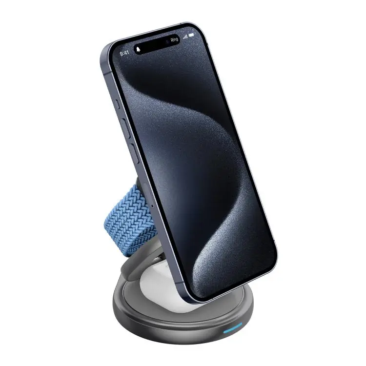 HAMTOD M27 15W Rotatable Foldable 3 in 1 Metal Magnetic Wireless Charger Stand(Grey)