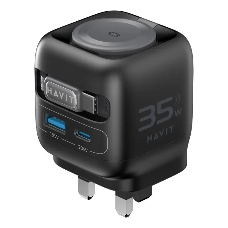 Havit UC250 35W 3 in 1 GaN Travel Charger with Type-C Retractable Cable, Plug