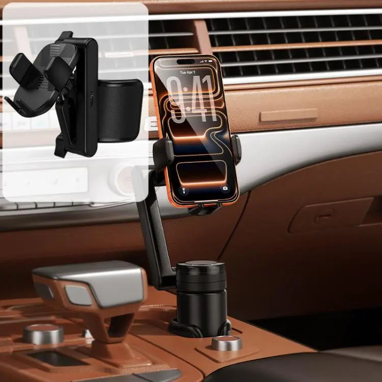 hoco H113 Oak Push-type Magnetic Car Holder with Cup Holder(Black)