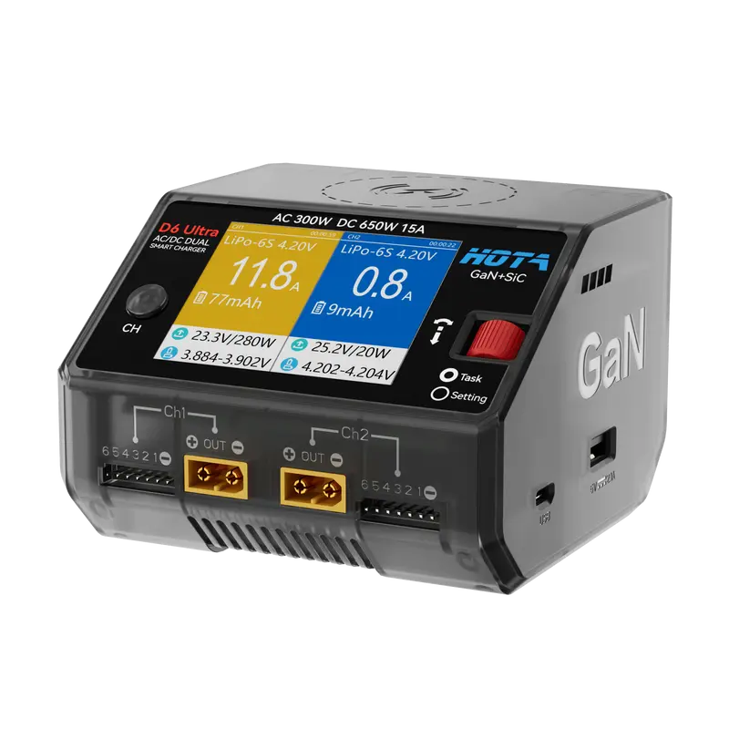 HOTA D6 Ultra – 650W 1–6S Dual Channel AC/DC GaN Smart Charger