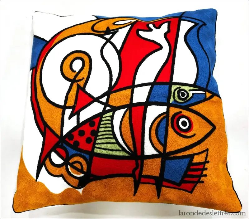 Housse de coussin brodée - Poisson orange