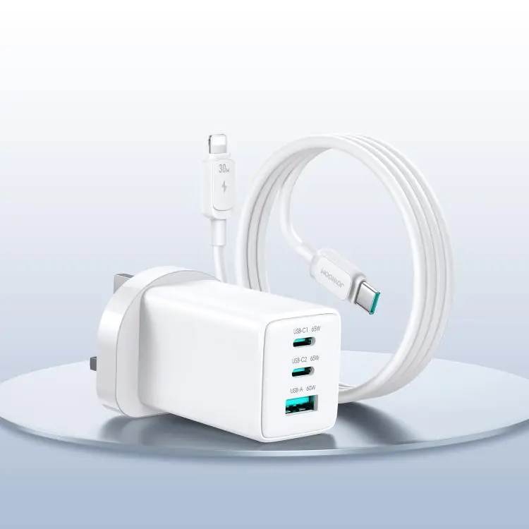 JOYROOM JR-TG10 65W GaN Dual Type-C, USB 3-Port Charger with Type-C to 8 Pin Cable, Plug