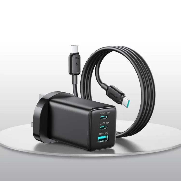 JOYROOM JR-TG10 65W GaN Dual Type-C, USB 3-Port Charger with Type-C to Type-C Cable, Plug