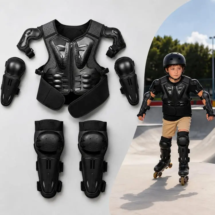 Kids Motorcycle Body Armor Set with Knee & Elbow Guard Pads Ages 5-12(Black)