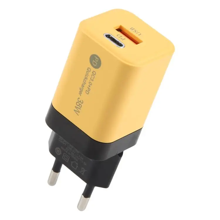 KO-72 38W QC3.0 USB and USB-C / Type-C PD Quick Charger, EU Plug(Yellow)