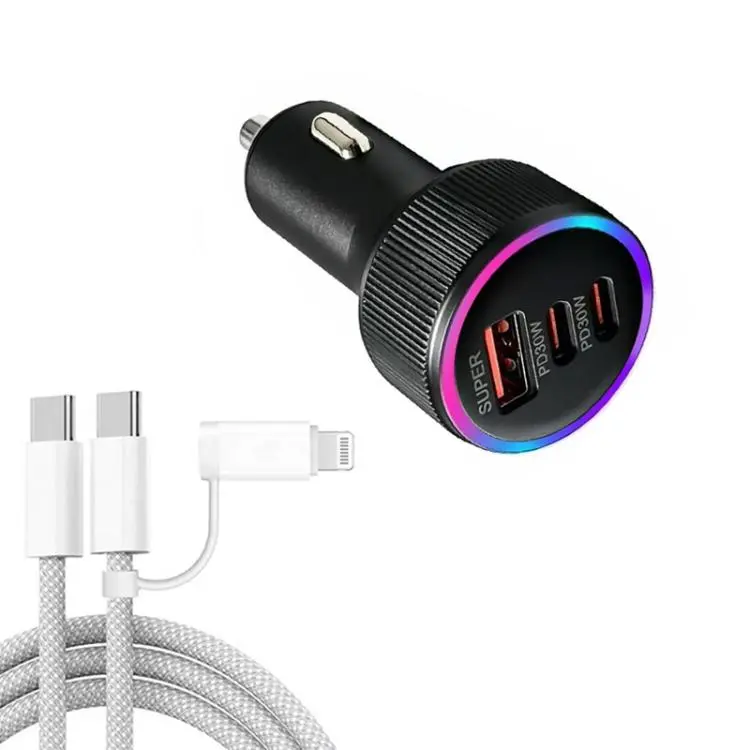 M31 Aluminum Alloy 85W PD30W x 2 + QC3.0 Car Charger with Type-C / 8 Pin Data Cable(Black)