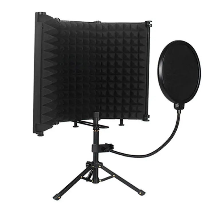 M3P Foldable Three-Panel Microphone Isolation Shield with Phone Clip, Tripod, Pop Filter Kit(Black)