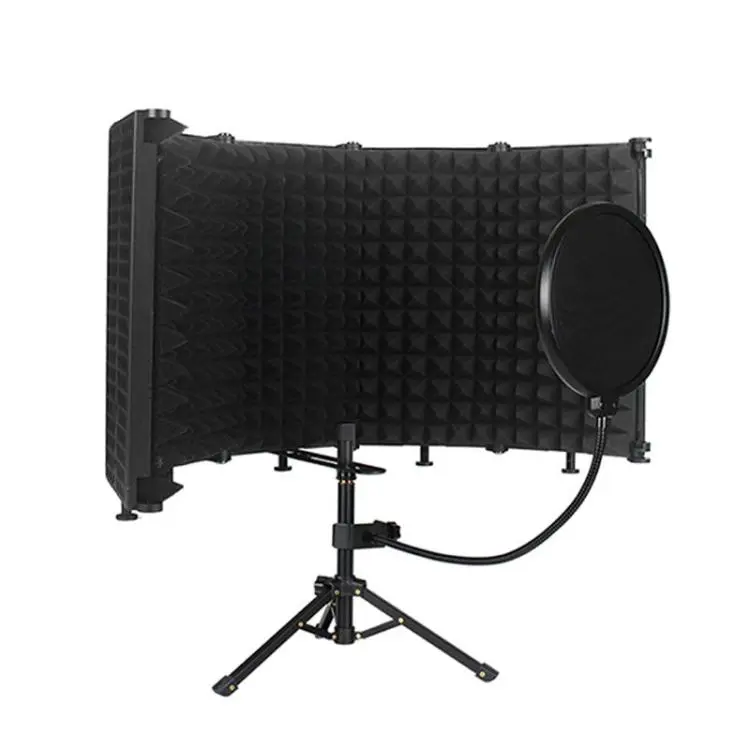 M5P Foldable Five-Panel Microphone Isolation Shield with Phone Clip, Tripod, Pop Filter Kit(Black)