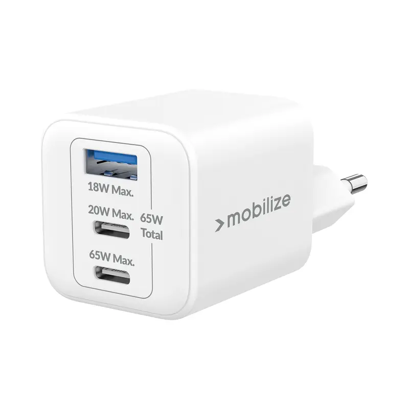 Mobilize Charger 2X USB-C + 1X USB GaN 65W With PD/PPS White