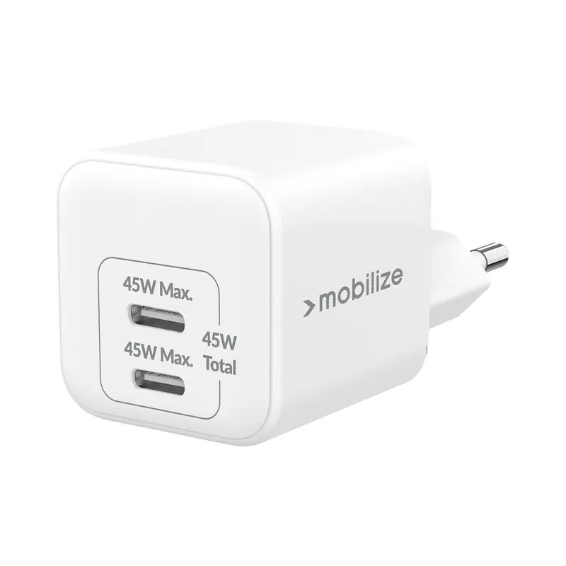 Mobilize GaN Wall Charger 45W – 2x USB-C with Power Delivery (White)