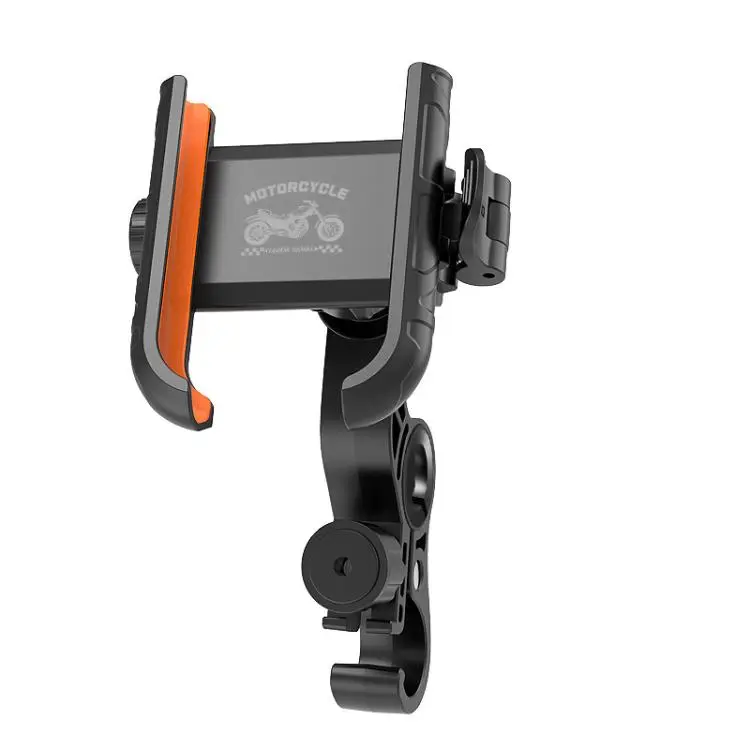 Motorcycle Phone Mount 360-degree Rotation Anti-Vibration Bike Holder for Handlebar With Hook Orange