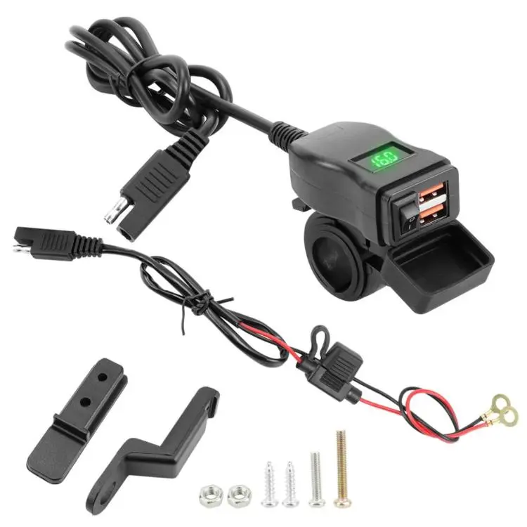 Motorcycle Square Waterproof Charger Digital Display Voltmeter Switch(Green Dual QC)
