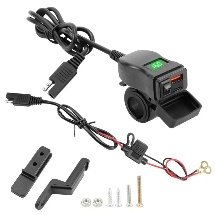 Motorcycle Square Waterproof Charger Digital Display Voltmeter Switch(Green QC+PD)