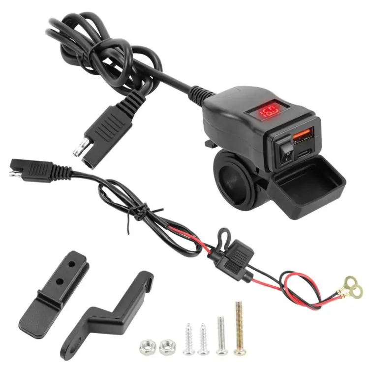Motorcycle Square Waterproof Charger Digital Display Voltmeter Switch(Red QC+PD)