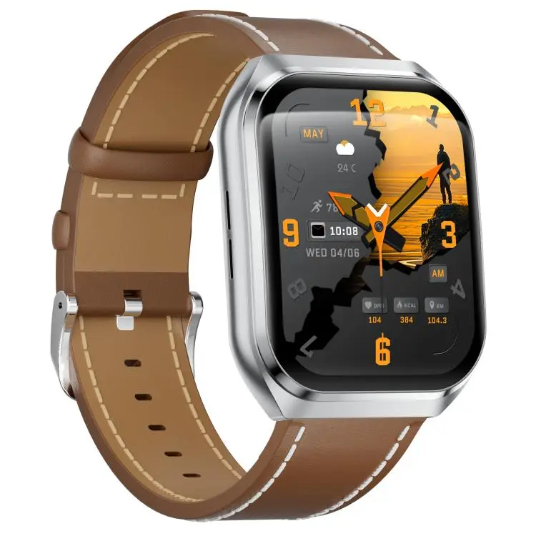 MT66 1.83-inch IPS Curved Screen Smart Watch with 1000mAh Battery(Silver Case Leather Strap)