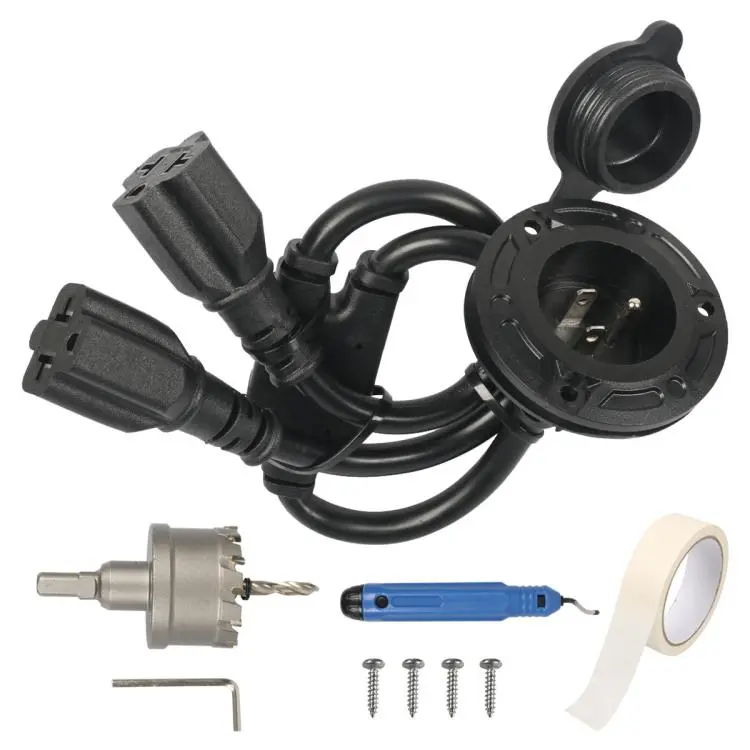 NEMA 5-15P 20A AC Port Plug with Dual Y-Splitter Cords Power Inlet for RV Camper, US Plug with DIY Installation Kit