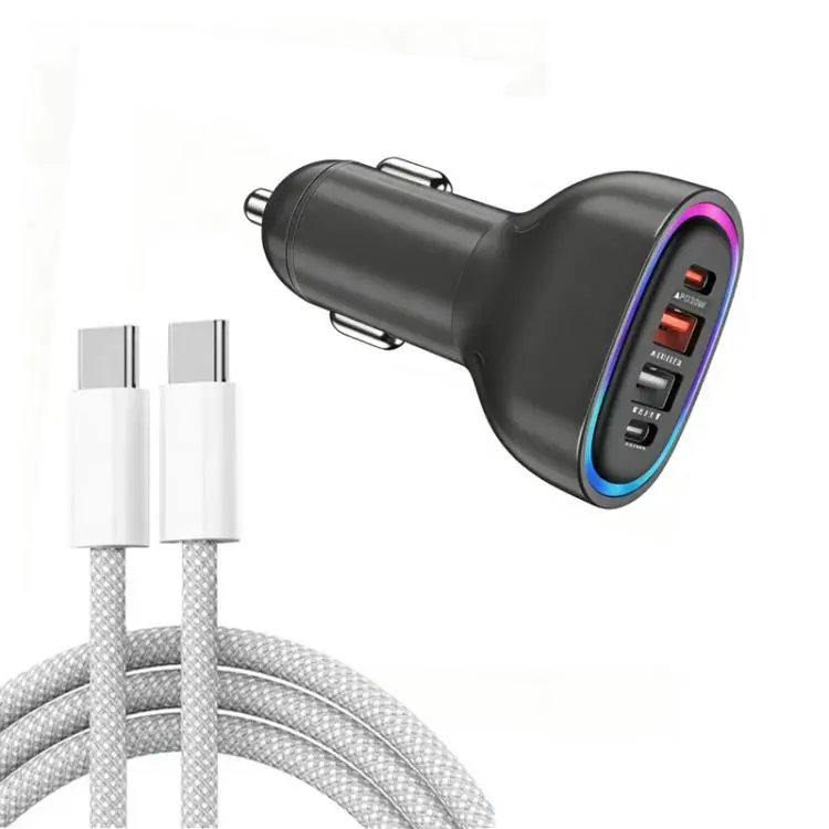 P54 75W PD3.0 USB-C x 2 + USB x 2 Car Charger with Type-C to Type-C Data Cable(Black)