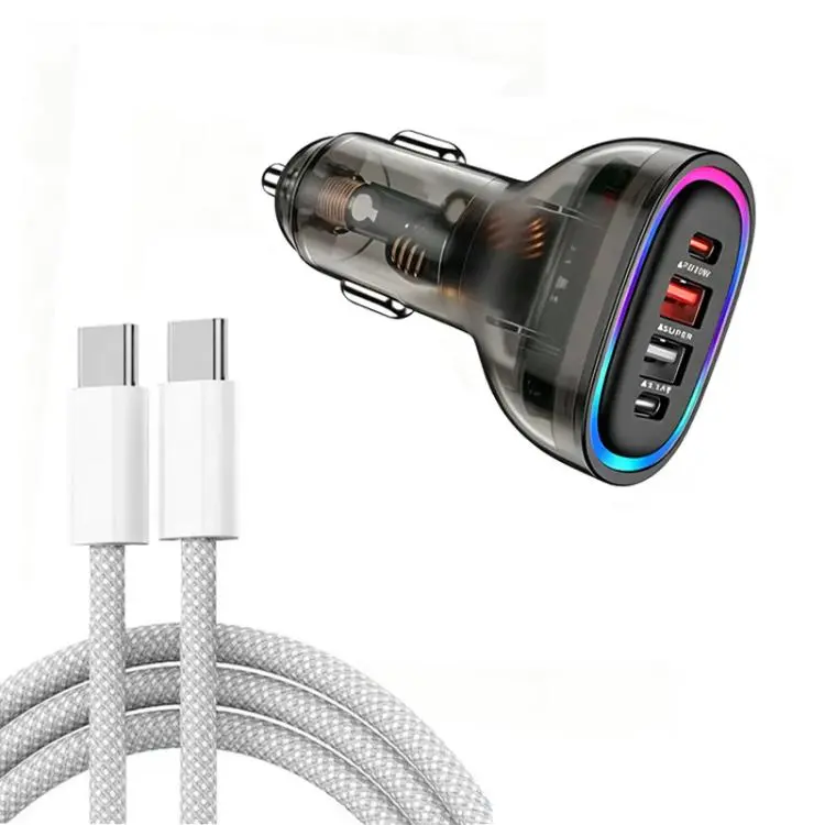 P54 75W PD3.0 USB-C x 2 + USB x 2 Car Charger with Type-C to Type-C Data Cable(Transparent Black)
