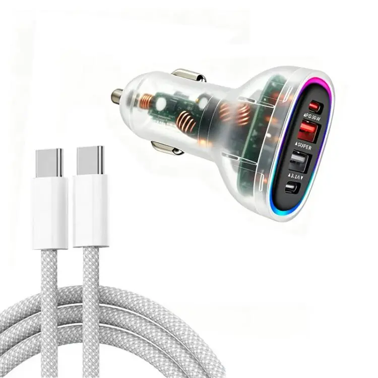 P54 75W PD3.0 USB-C x 2 + USB x 2 Car Charger with Type-C to Type-C Data Cable(Transparent White)