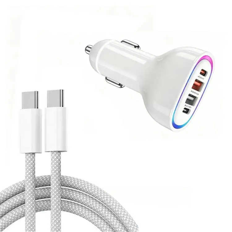 P54 75W PD3.0 USB-C x 2 + USB x 2 Car Charger with Type-C to Type-C Data Cable(White)