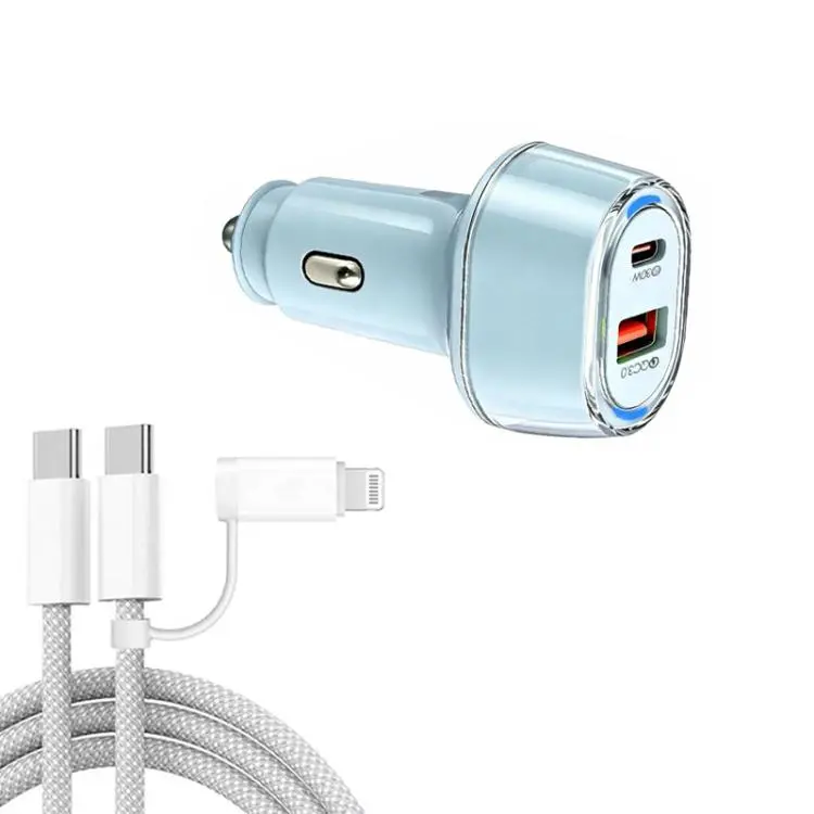 P78 55W PD3.0 + QC3.0 USB Car Charger with Type-C to 8 Pin / Type-C Data Cable(Blue)