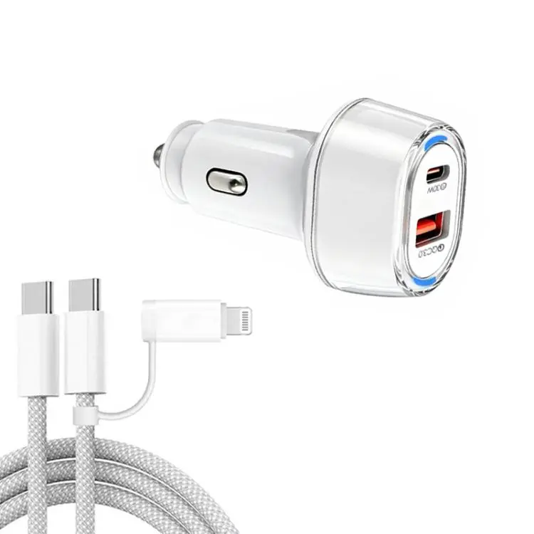 P78 55W PD3.0 + QC3.0 USB Car Charger with Type-C to 8 Pin / Type-C Data Cable(White)
