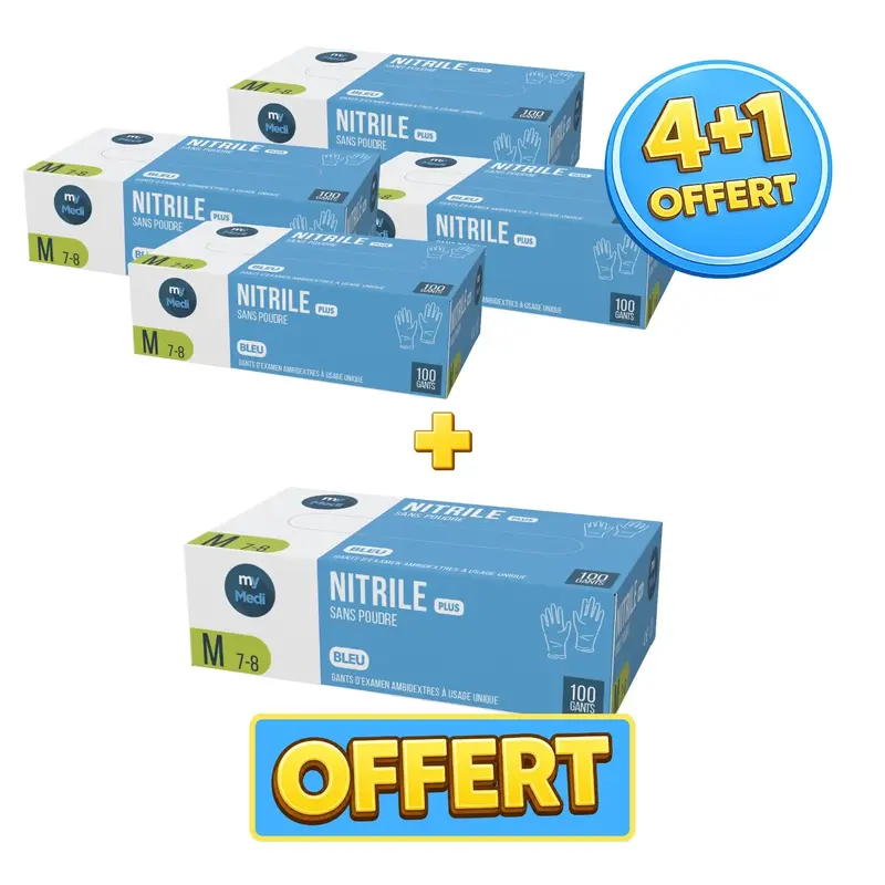 Pack 4+1 boîtes de 100 gants d'examen - Nitrile - Sans poudre - Ambidextres - My Médical
