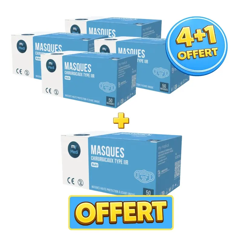 Pack 4+1 boîtes de 50 masques chirurgicaux bleu - 3 plis de type IIR - Norme EN14683 - Certification CE - My Médical