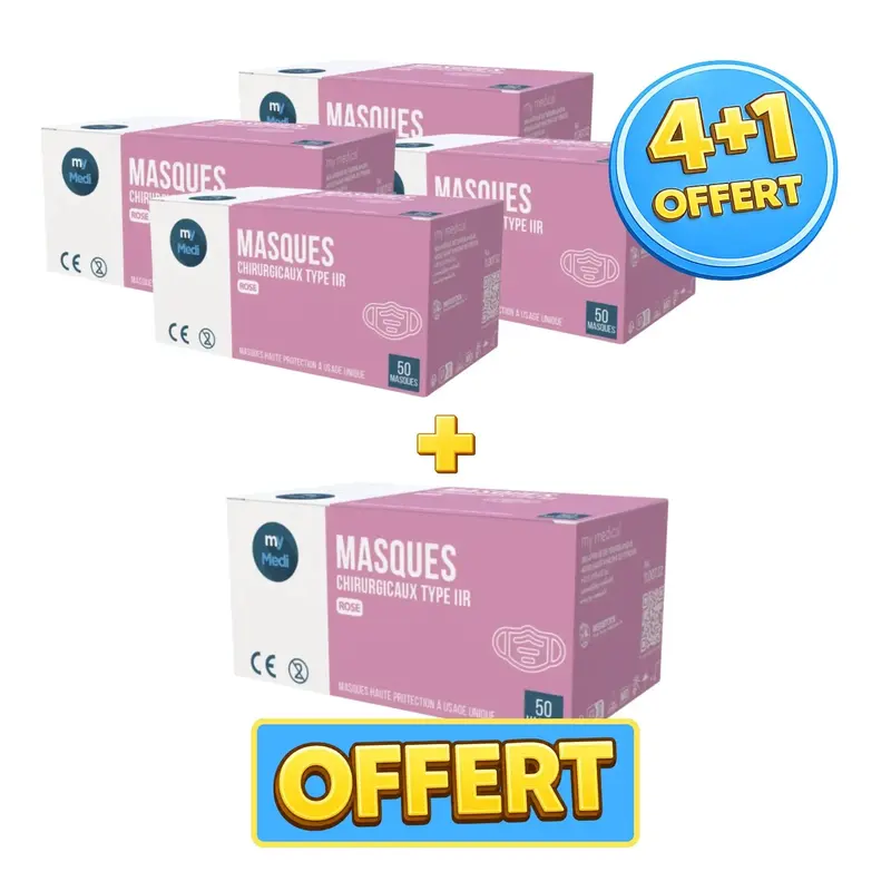 Pack 4+1 boîtes de 50 masques chirurgicaux rose ou blanc - 3 plis de type IIR - Norme EN14683 - Certification CE - My Médical