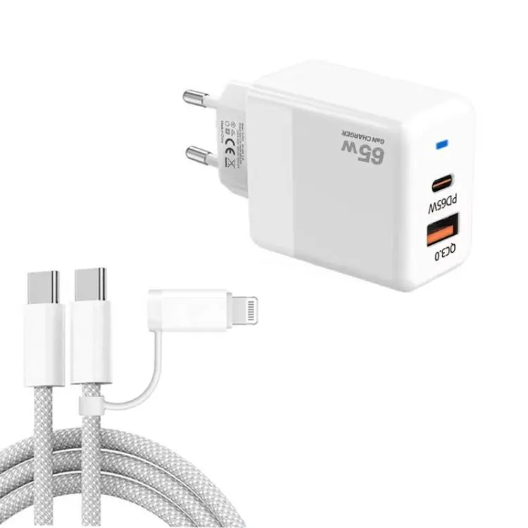 PD41 GaN PD 45W + USB Charger with USB-C to USB-C / 8 Pin Data Cable for iPhone, EU Plug(White)
