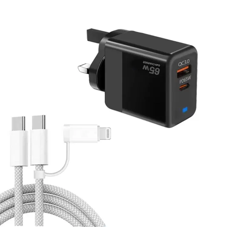 PD41 GaN PD 45W + USB Charger with USB-C to USB-C / 8 Pin Data Cable for iPhone, UK Plug(Black)