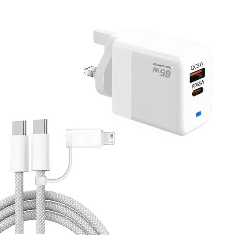 PD41 GaN PD 45W + USB Charger with USB-C to USB-C / 8 Pin Data Cable for iPhone, UK Plug(White)
