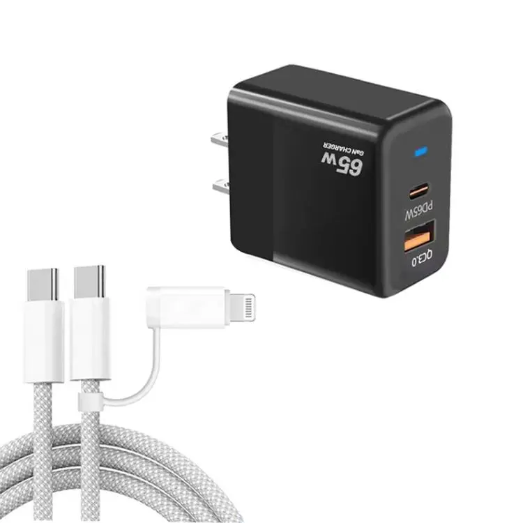 PD41 GaN PD 45W + USB Charger with USB-C to USB-C / 8 Pin Data Cable for iPhone, US Plug(Black)