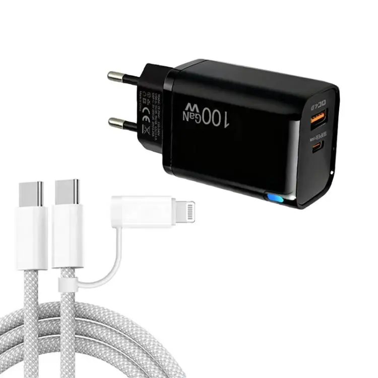 PD47 100W GaN PD Type-C + QC3.0 USB Charger with Type-C to Type-C / 8-Pin Data Cable, EU Plug(Black)