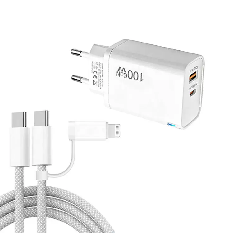 PD47 100W GaN PD Type-C + QC3.0 USB Charger with Type-C to Type-C / 8-Pin Data Cable, EU Plug(White)