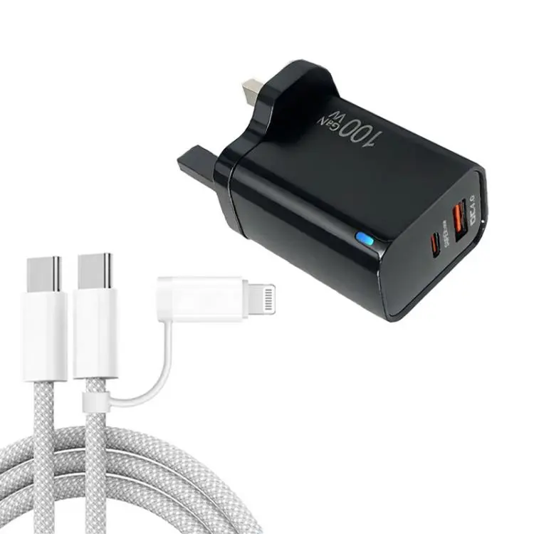 PD47 100W GaN PD Type-C + QC3.0 USB Charger with Type-C to Type-C / 8-Pin Data Cable, UK Plug(Black)