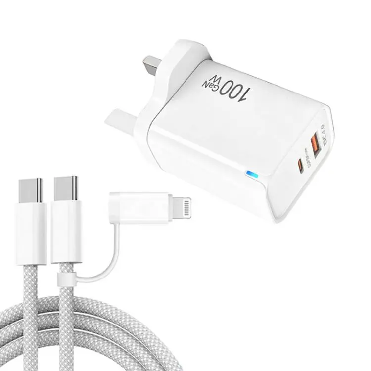 PD47 100W GaN PD Type-C + QC3.0 USB Charger with Type-C to Type-C / 8-Pin Data Cable, UK Plug(White)