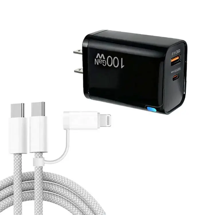 PD47 100W GaN PD Type-C + QC3.0 USB Charger with Type-C to Type-C / 8-Pin Data Cable, US Plug(Black)