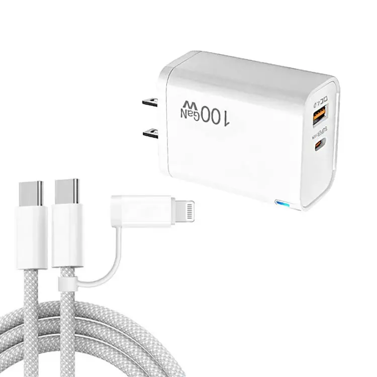 PD47 100W GaN PD Type-C + QC3.0 USB Charger with Type-C to Type-C / 8-Pin Data Cable, US Plug(White)