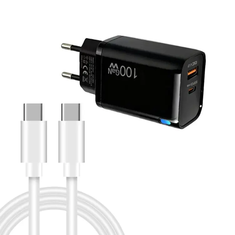 PD47 GaN 100W PD Type-C + QC3.0 USB Charger with Type-C to Type-C Data Cable, EU Plug(Black)