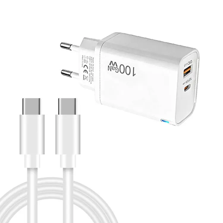 PD47 GaN 100W PD Type-C + QC3.0 USB Charger with Type-C to Type-C Data Cable, EU Plug(White)