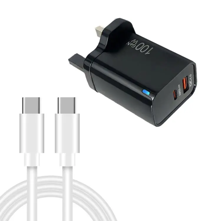 PD47 GaN 100W PD Type-C + QC3.0 USB Charger with Type-C to Type-C Data Cable, UK Plug(Black)