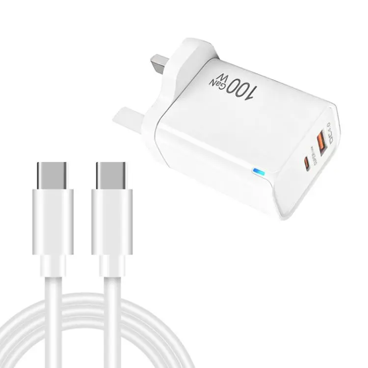 PD47 GaN 100W PD Type-C + QC3.0 USB Charger with Type-C to Type-C Data Cable, UK Plug(White)